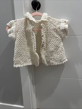 Free People Crochet Short-Sleeve Cardigan in Cream